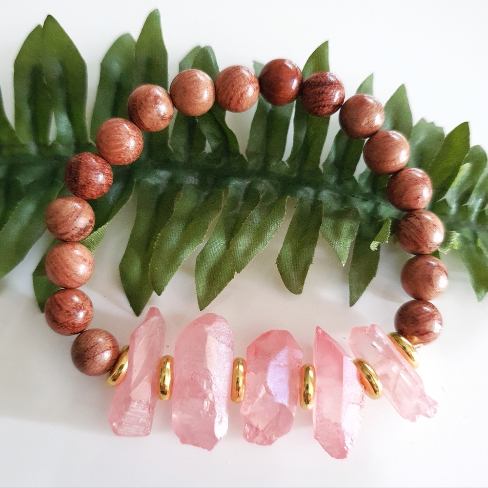 Pink Chunky Crystals & Polished Wood Beads Stretch Bracelets